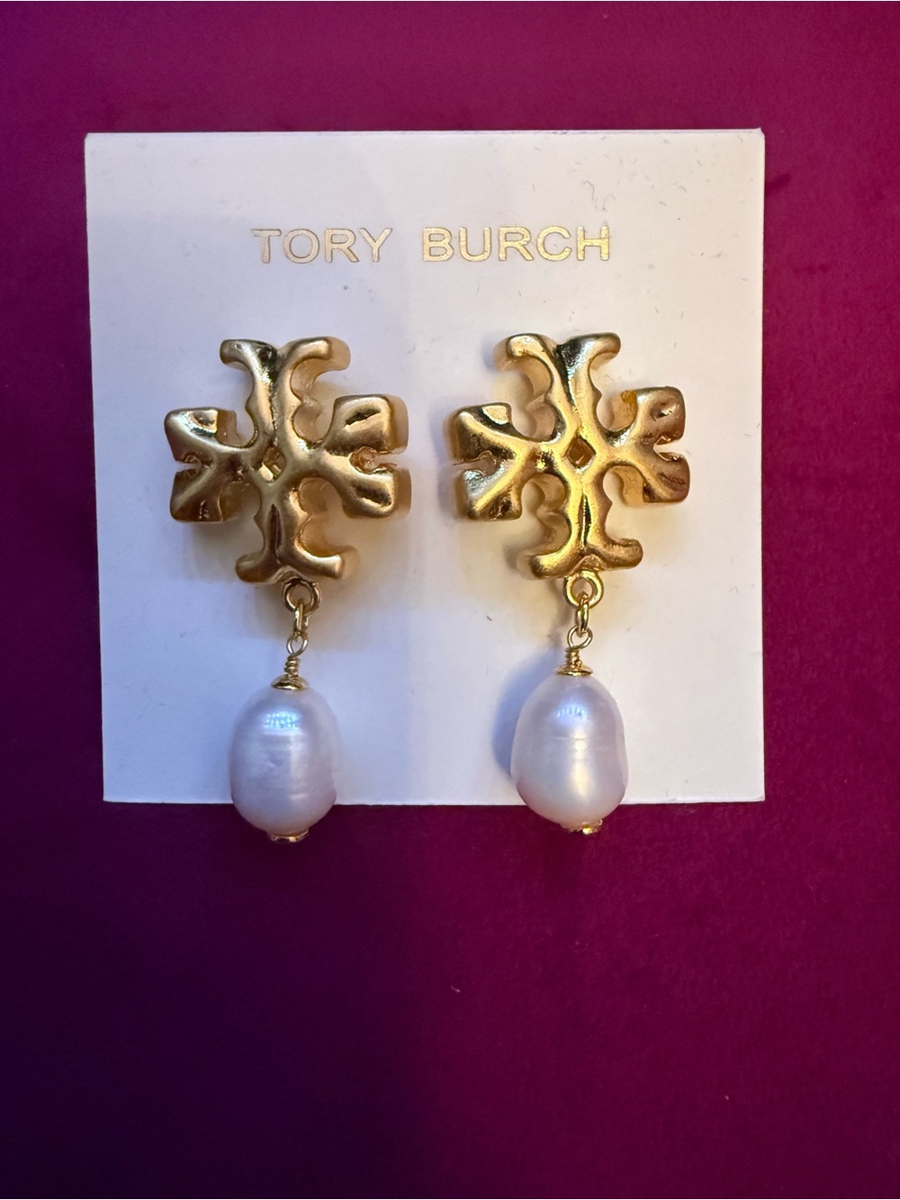 Tory Burch Gold Logo Drop Earrings with White Pearls